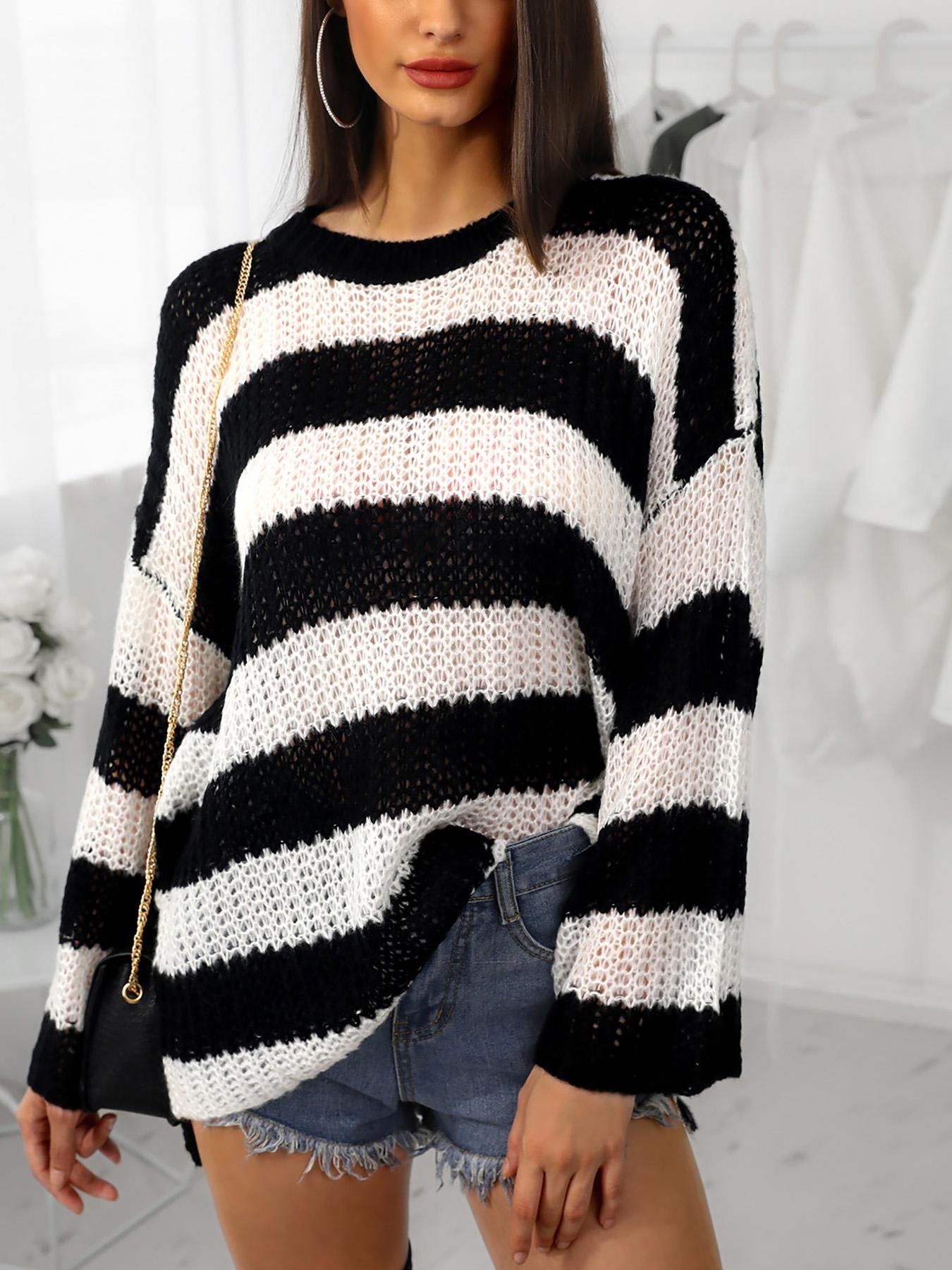 

Contrast Stripes Hollow Out Flared Sleeve Sweater