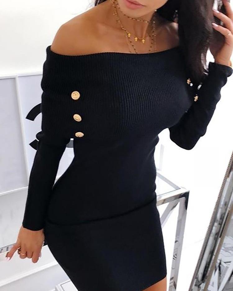 

Off Shoulder Button Detail Bodycon Dress, Black