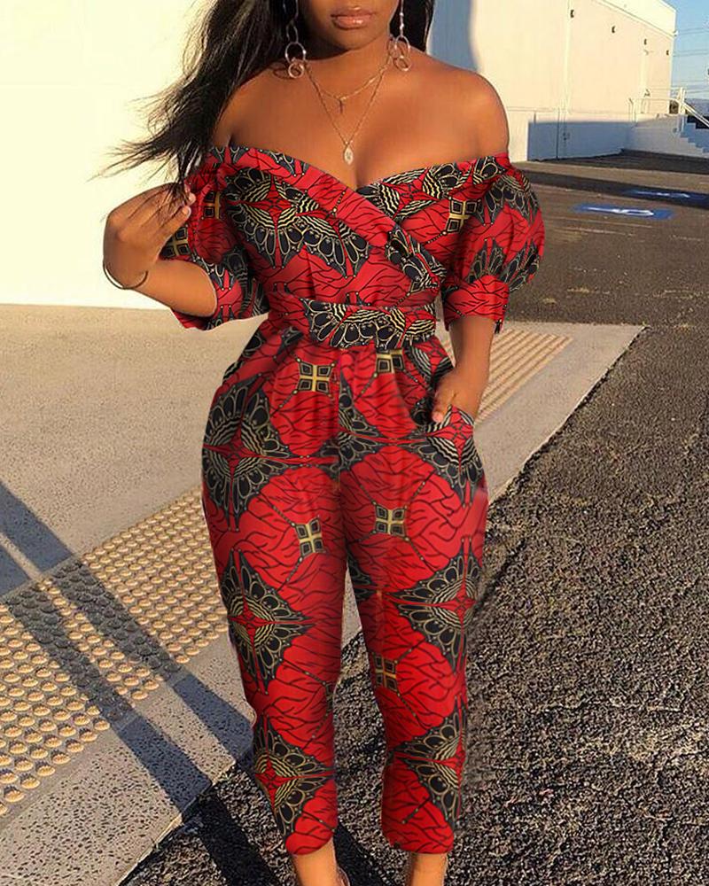 

Off Shoulder Print Puffed Sleeve Jumpsuit, Multicolor