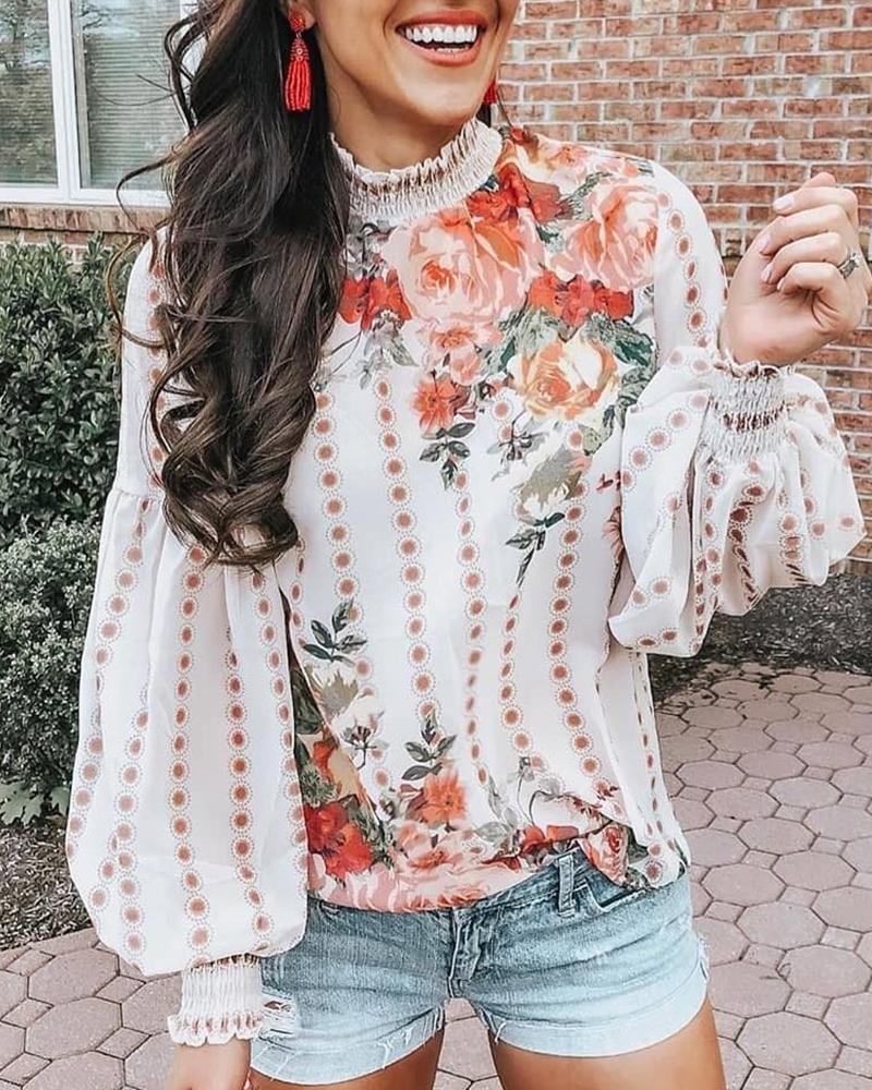 

Floral Print Lantern Sleeve Casual Blouse