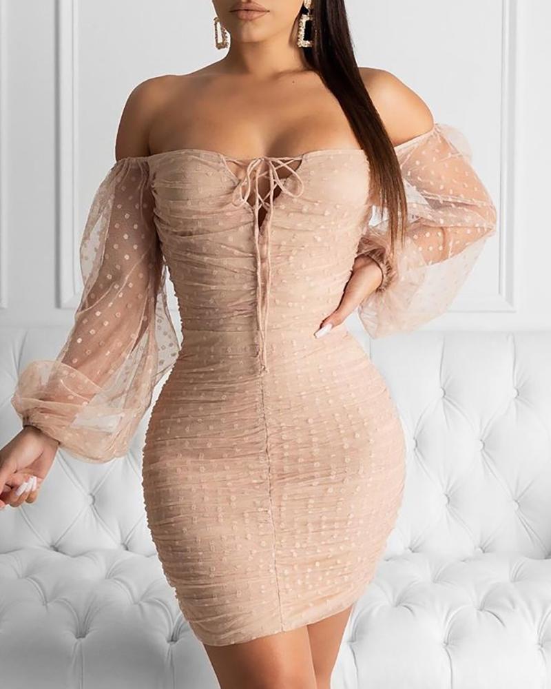 

Mesh Dot Off Shoulder Ruched Lace-Up Dress, Nude