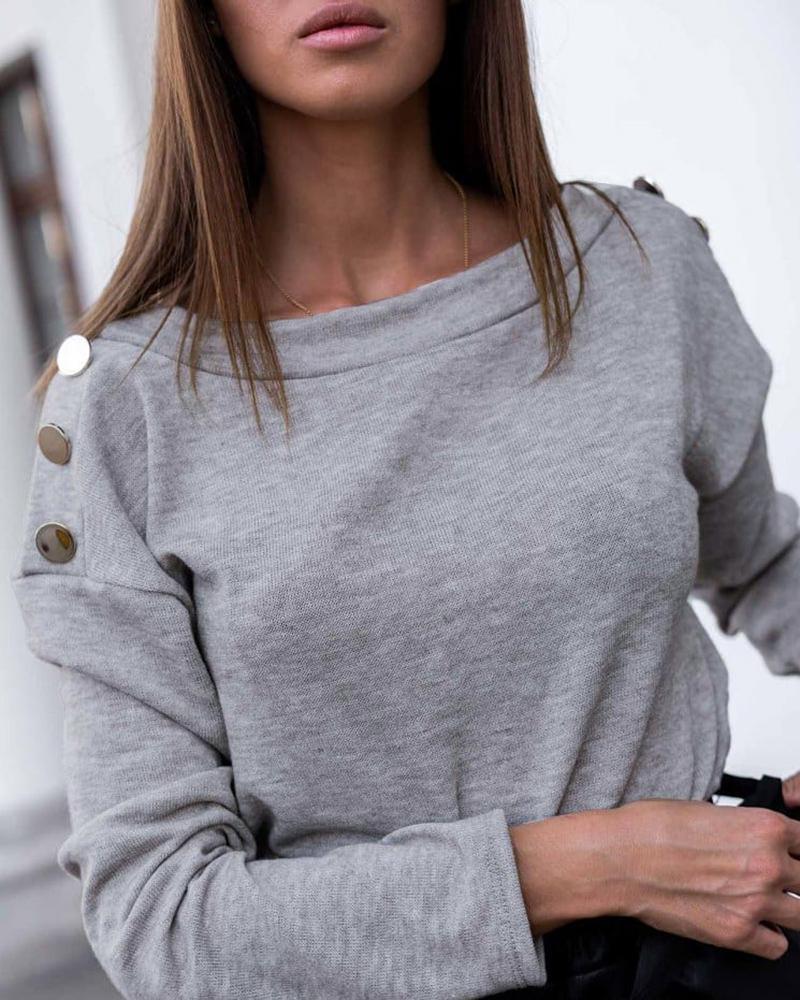 

Button Design Long Sleeve Casual Top, Gray