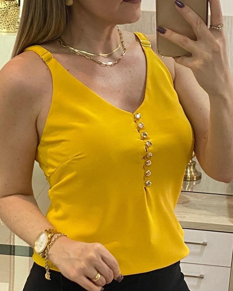 

Button Design Thin Strap Sleeveless Top, Yellow
