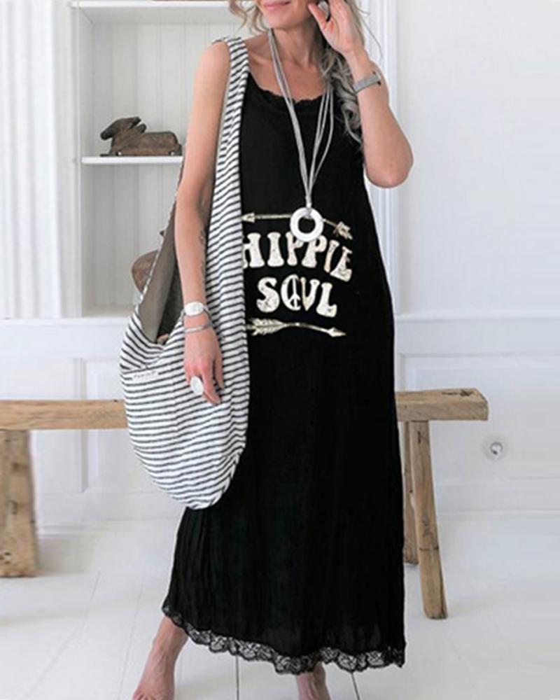 

Fashion women round neck lace sleeveless print maxi dress, Black