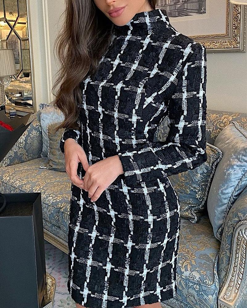 

High Neck Grid Print Dress, Black