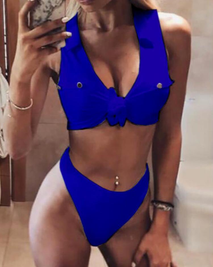 

Rivet Detail Knotted Front Bikini Sets, Blue