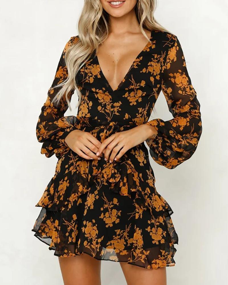 

Long Sleeve V-Neck Print Dress, Black