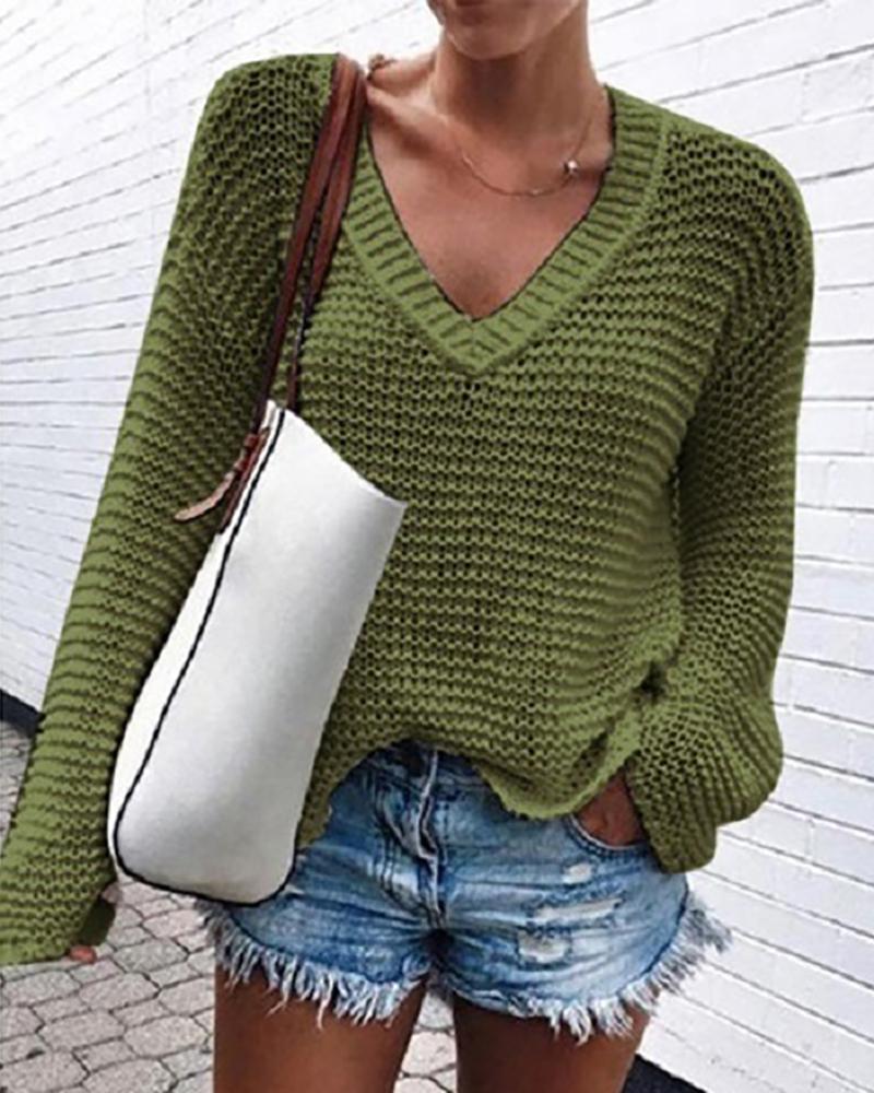 

V Neck Long Sleeve Casual Pointelle Sweater, Army green