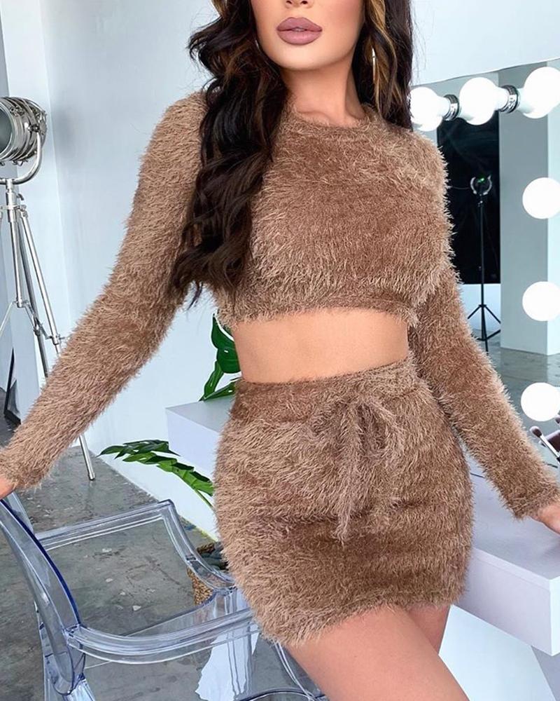 

Solid Fluffy Two-Piece Dress, Brown