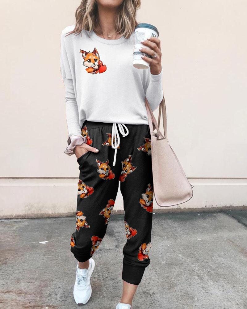 

Fox Print Round Neck Top & Pants Set, Black