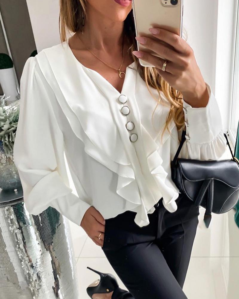 

Ruffle Detail Button Front Top, White