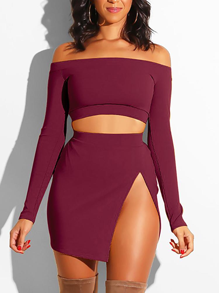 

Off Shoulder Crop Top & Slit Skirt Sets, Wine red