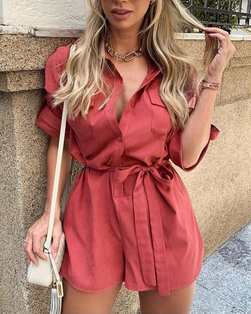 

Solid Button Front Shirt Romper, Red