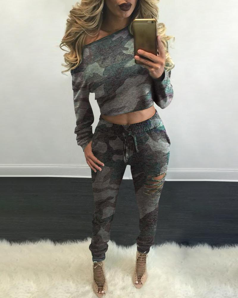 

Skew Neck Camouflage Crop Top & Drawstring Cut Out Pants Sets, Camoflage