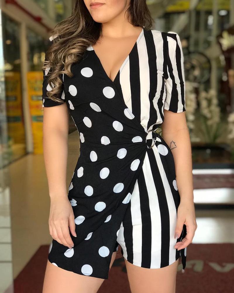 

Dot & Striped Colorblock Insert Romper, Black