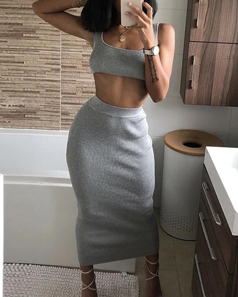 

Thin Strap Ribbed Crop Top & High Waist Skirt Set, Gray