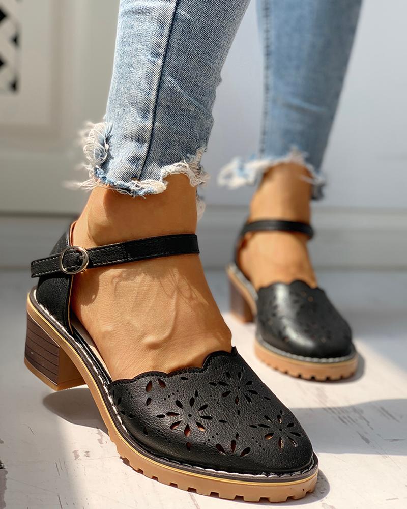 

Solid Hollow Out Design Ankle Strap Chunky Heeled Sandals, Black