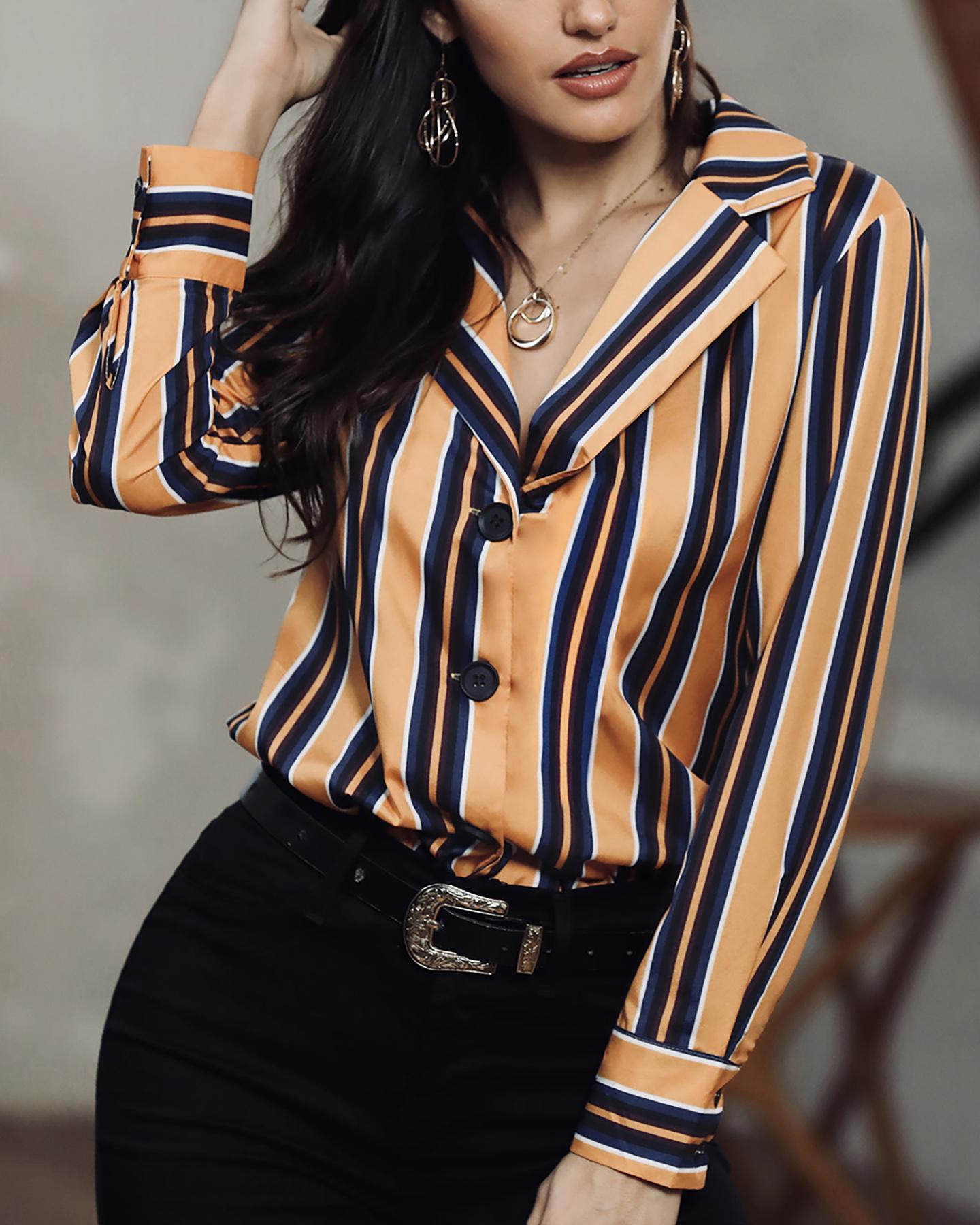 

Contrast Stripes Deep V Long Sleeve Blouse, Dark yellow