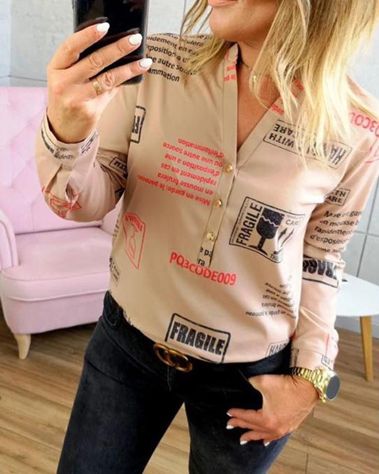 

Letter Print Button Design Casual Shirt, Khaki