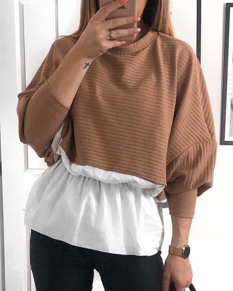 

Colorblock Insert Ruffles Ribbed Batwing Sleeve Blouse, Coffee