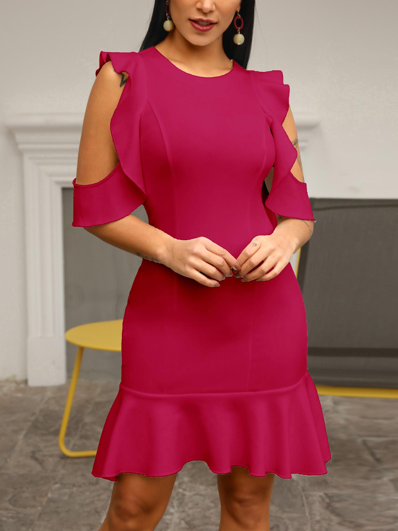 

Ruffles Cold Shoulder Pep Hem Bodycon Dress, Hot pink