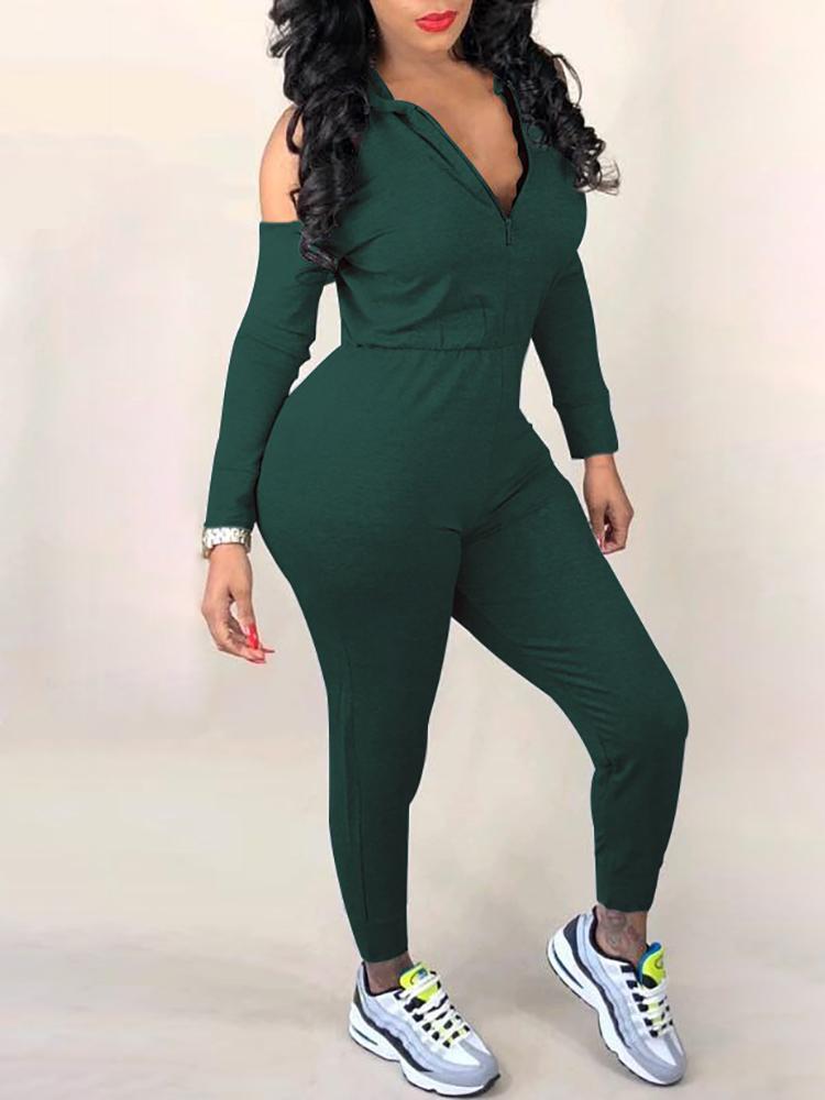 

Cold Shoulder Hooded Quarter Zip Jumpsuits, Green