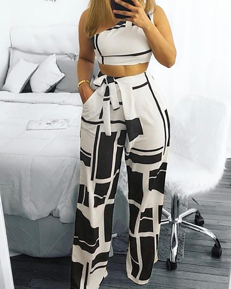 

Contrast Color One Shoulder Tie Waist Pants Set, White