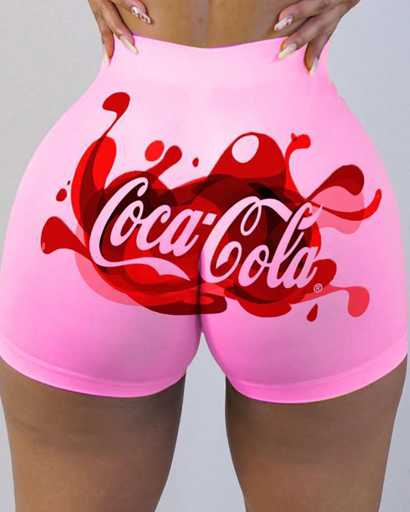 

Letter Print High Waist Casual Shorts, Pink
