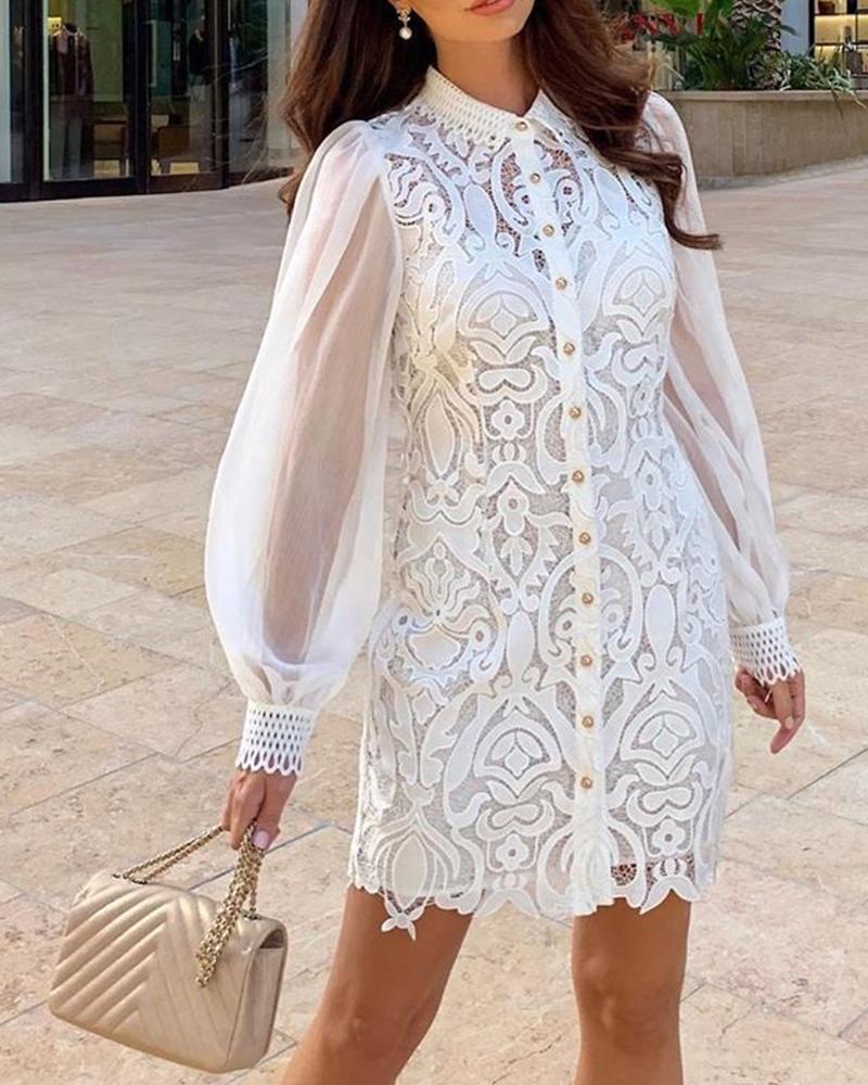 

Mesh Sleeve Lace Mini Dress, White
