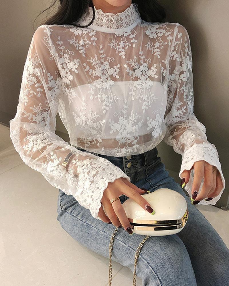 

Perspective Eyelet Lace High Neck Top, White