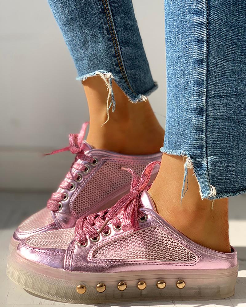 

Rivet Mesh Patchwork Lace-Up Eyelet Sneakers, Pink