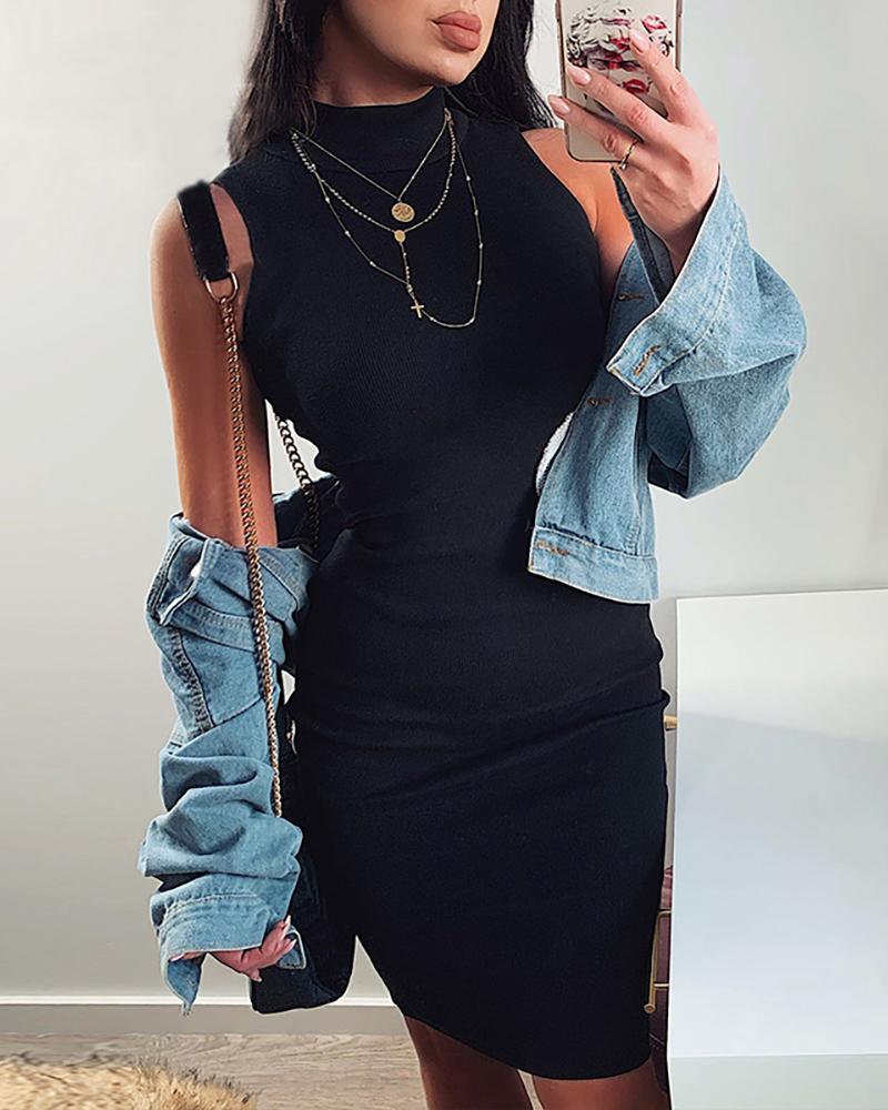 

Solid Backless Sleeveless Midi Dress, Black
