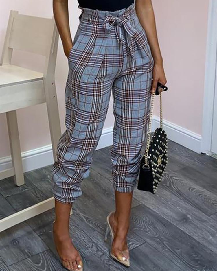 

High Waist Plaid Tied Waist Casual Pants, Blue