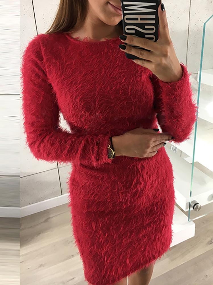 

Trendy Plain Fluffy Long Sleeve Bodycon Dress, Red