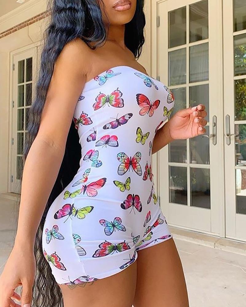 

Butterfly Print Bandeau Romper, White