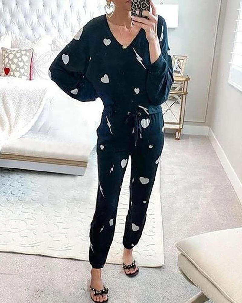 

Heart Pattern Casual Top & Pant Set, Black