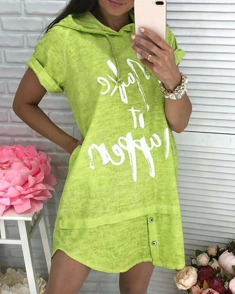

Letter Print Hooded Button Design Casual Dress, Green