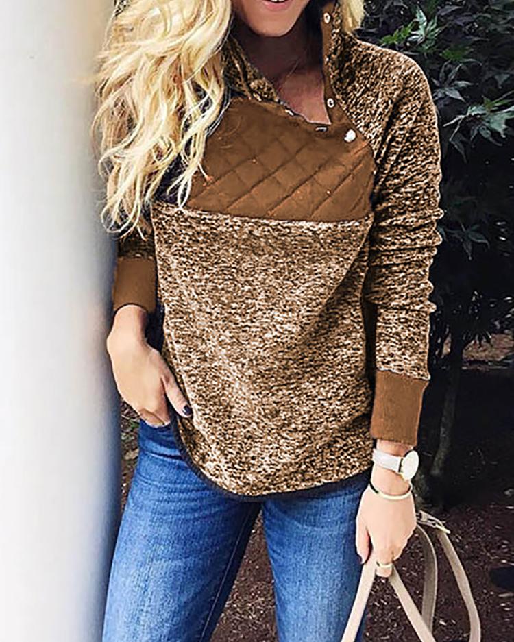

Contrast Color Fluffy Snap-Button Skew Neck Sweatshirt, Coffee