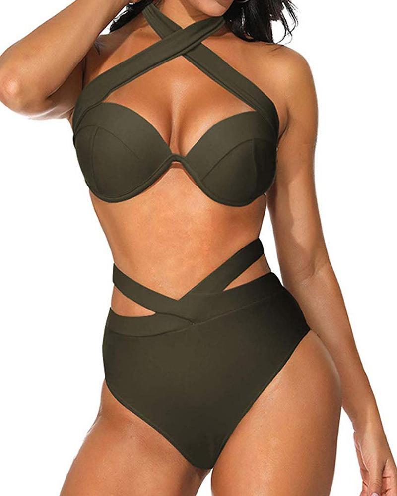 

Halter Crisscross Design Bikini Set, Army green