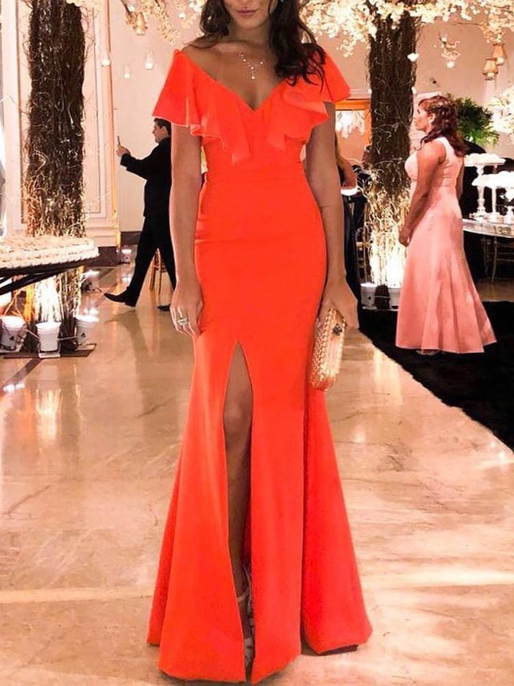 

Solid Ruffle Design Thigh Slit Evening Dress