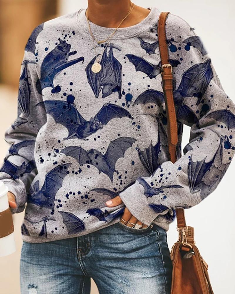 

Halloween Scared Bat Print Long Sleeve Casual Sweatshirt, Gray