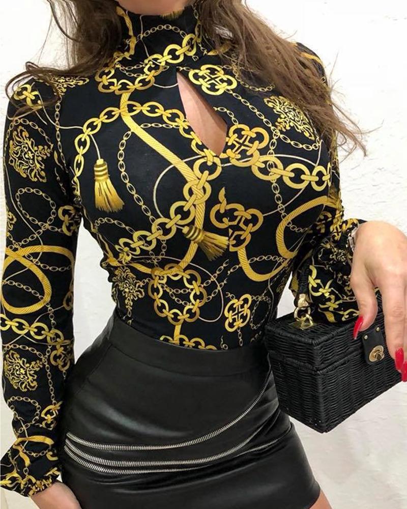 

Highneck Keyhole Chains Mixed Print Blouse, Yellow