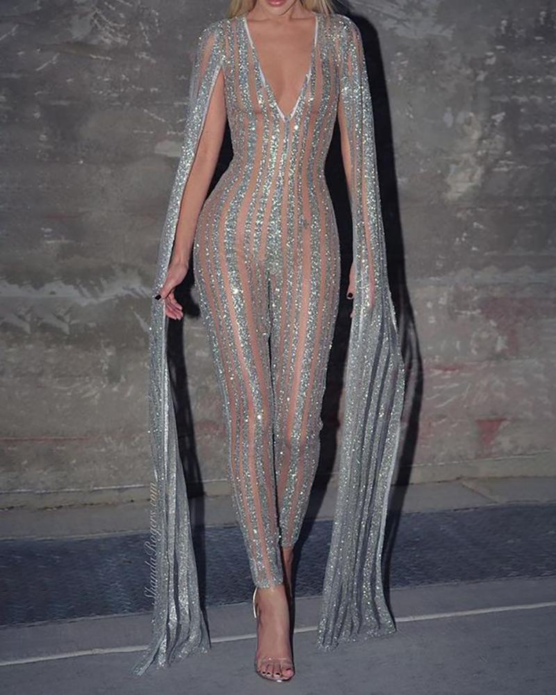 

Glitter Mesh Insert Cape Slit Sleeve Jumpsuit, Silver