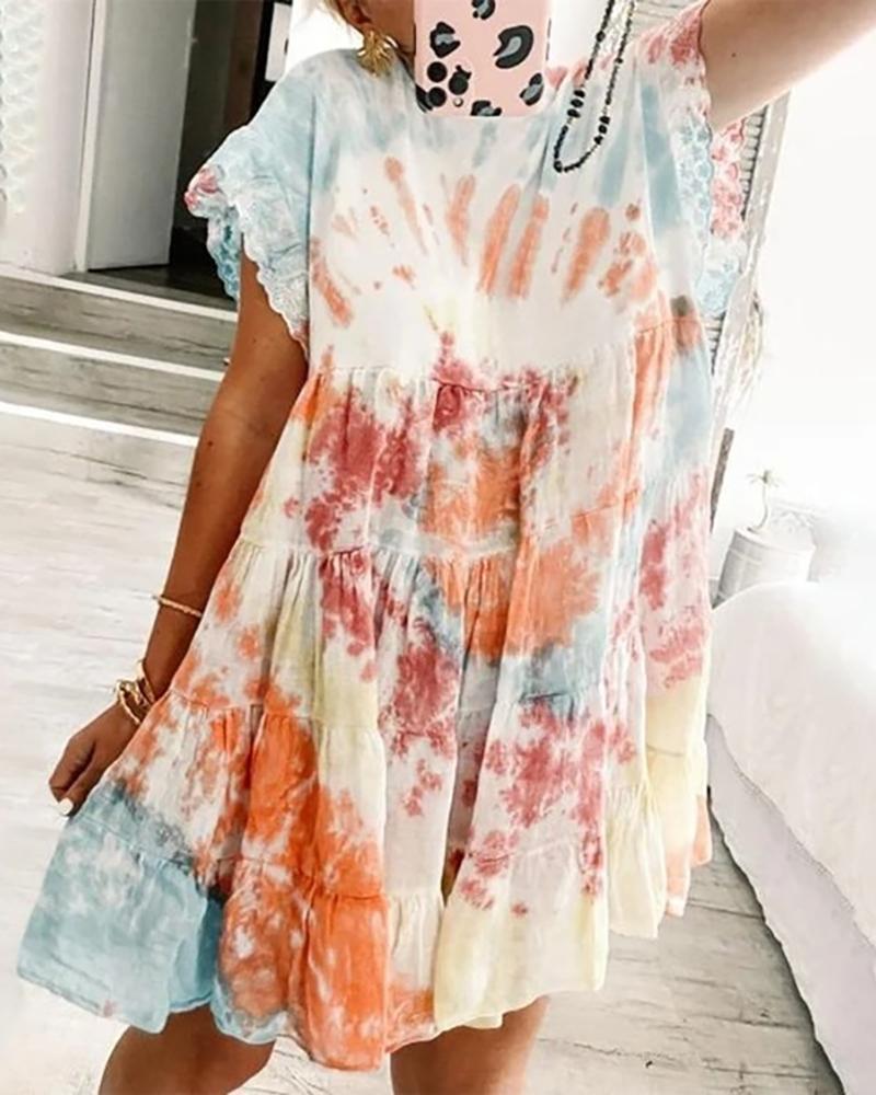 

Ruffles Ruched Tie Dye Print Dress, Multicolor