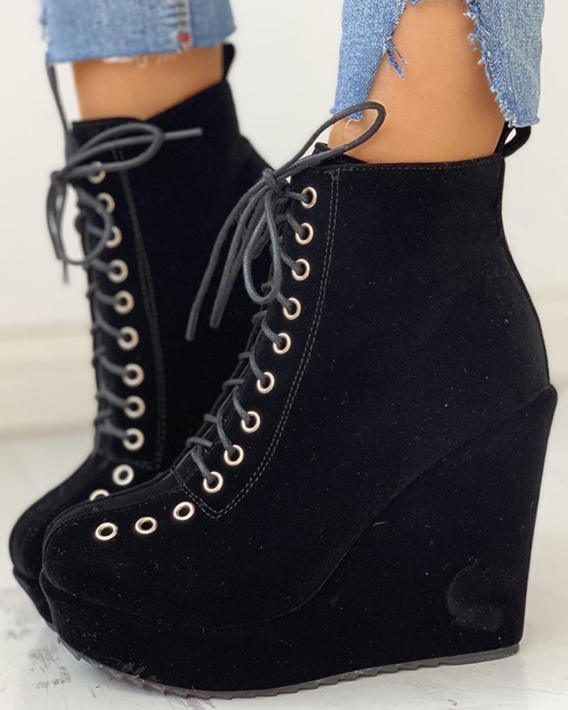 

Solid Eyelet Lace-Up Platform Wedges Boots, Black