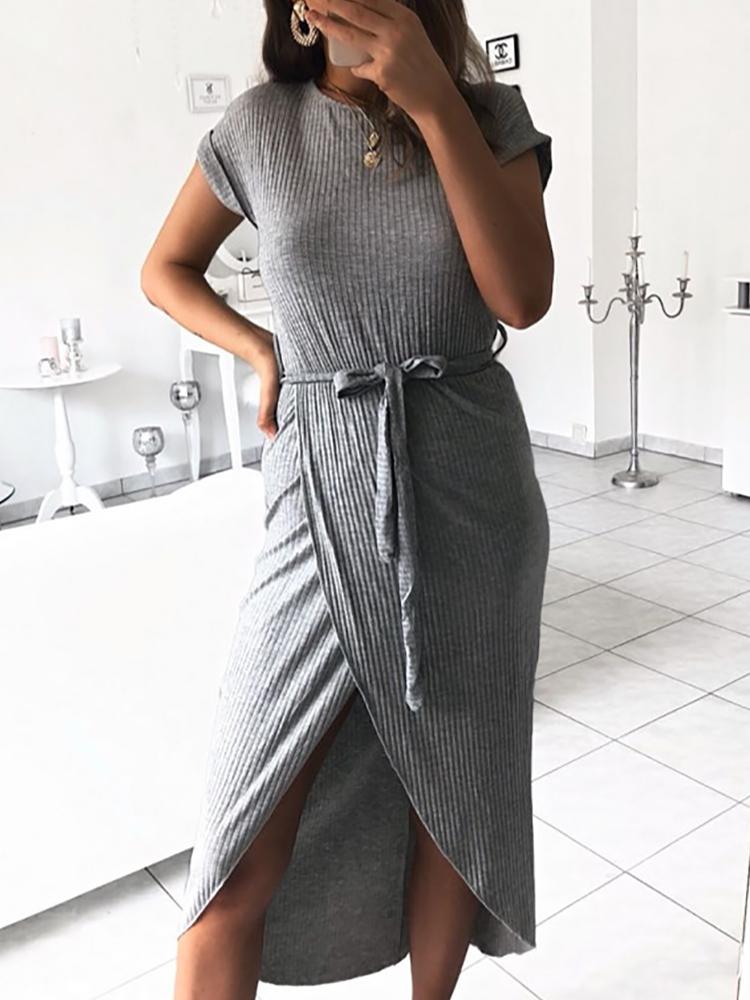 

Roll-Up Sleeve Belted Irregular Wrapover Dress, Gray