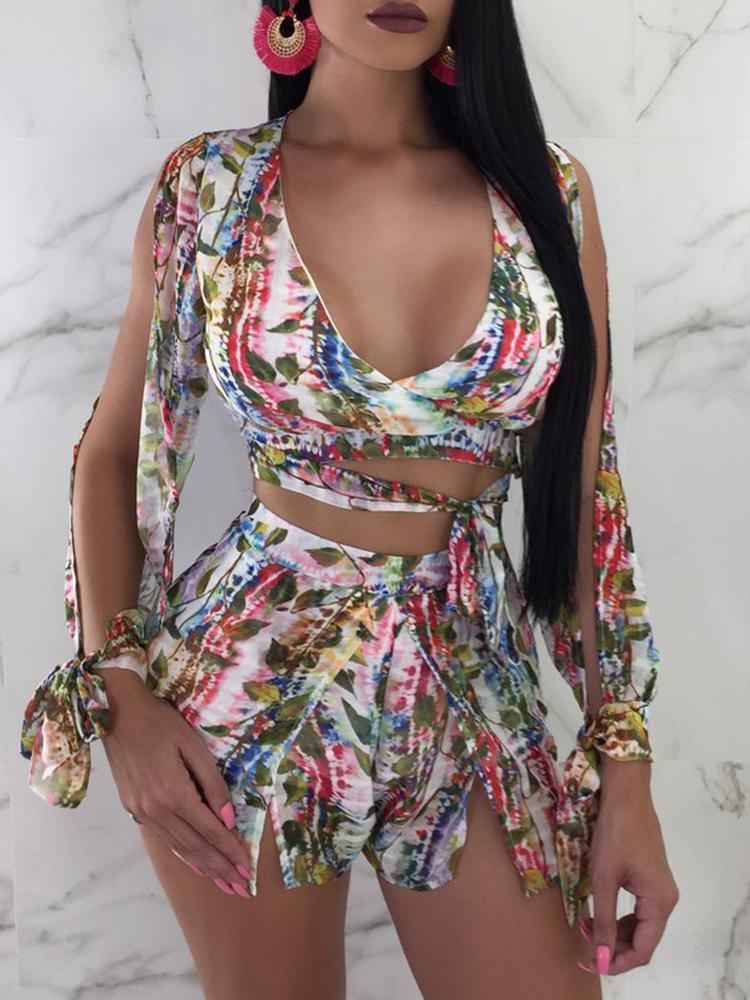 

Floral Print Slit Sleeve Crop Top & Shorts Sets