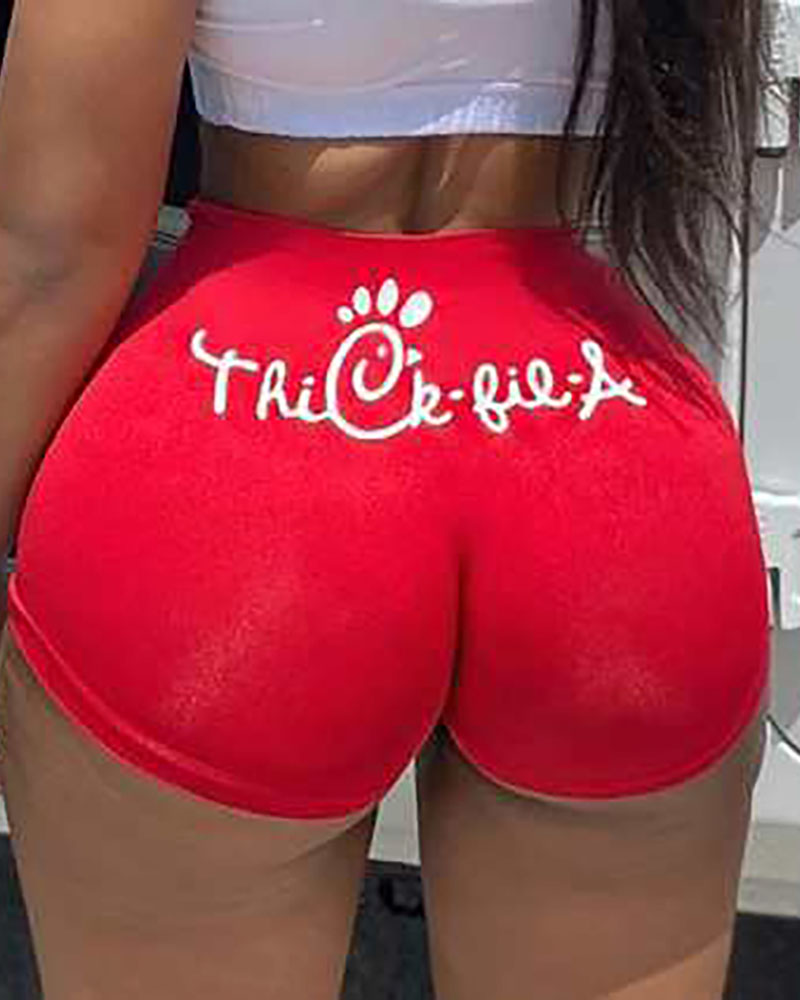 

Letter Print High Waist Casual Shorts, Red
