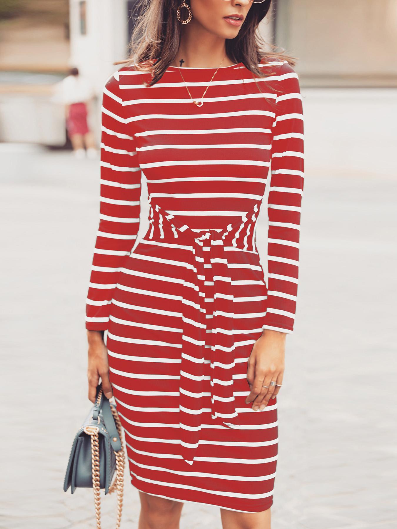 

Striped Long Sleeve Tied Waist Casual Dress, Red