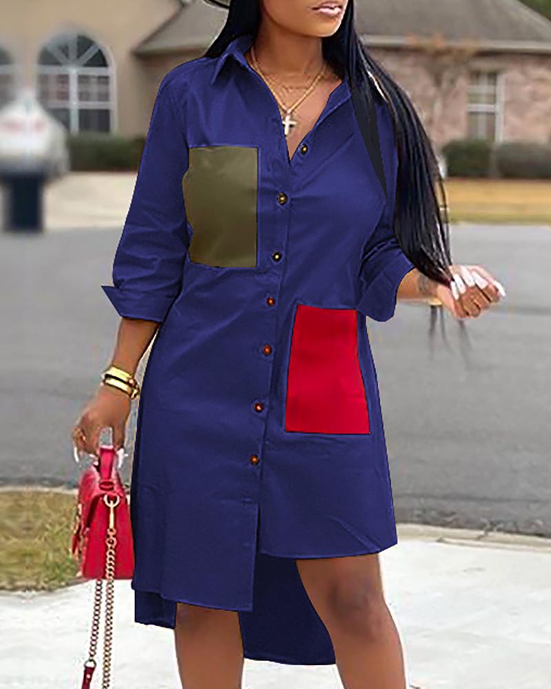 

Colorblock Irregular Hem Shirt Dress, Blue